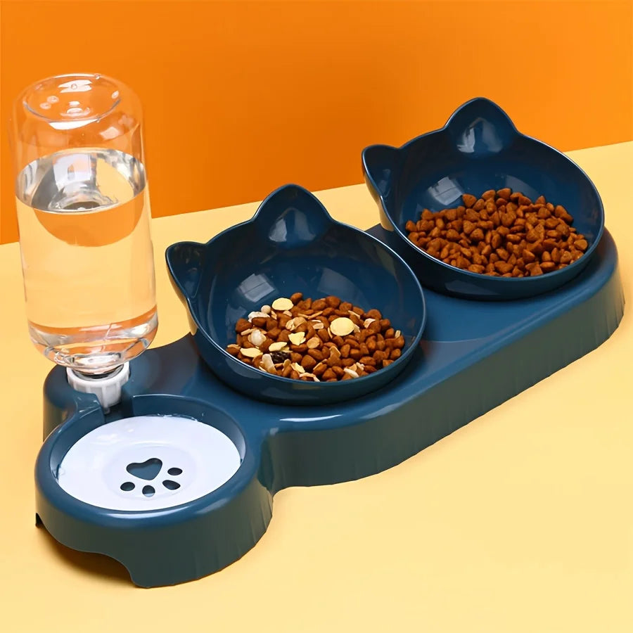 Cuencos para mascotas con bebedero, juego 3 en 1 con diseño de orejas inclinadas para agua y comida para gatos, con botella de agua de gravedad para proteger el cuello.