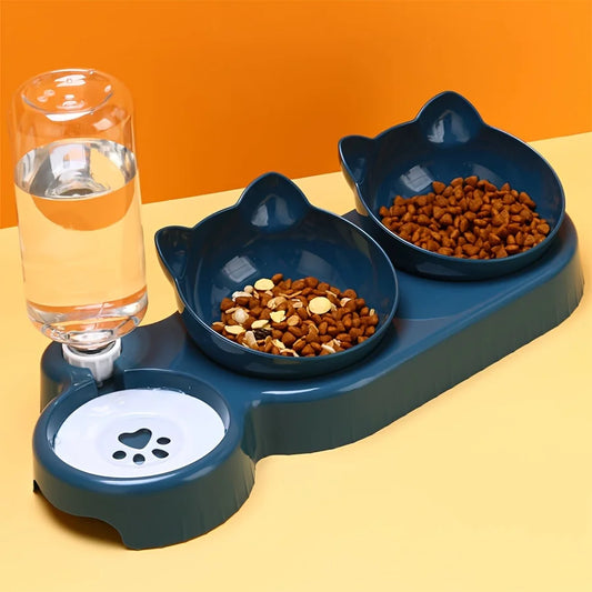 Cuencos para mascotas con bebedero, juego 3 en 1 con diseño de orejas inclinadas para agua y comida para gatos, con botella de agua de gravedad para proteger el cuello.