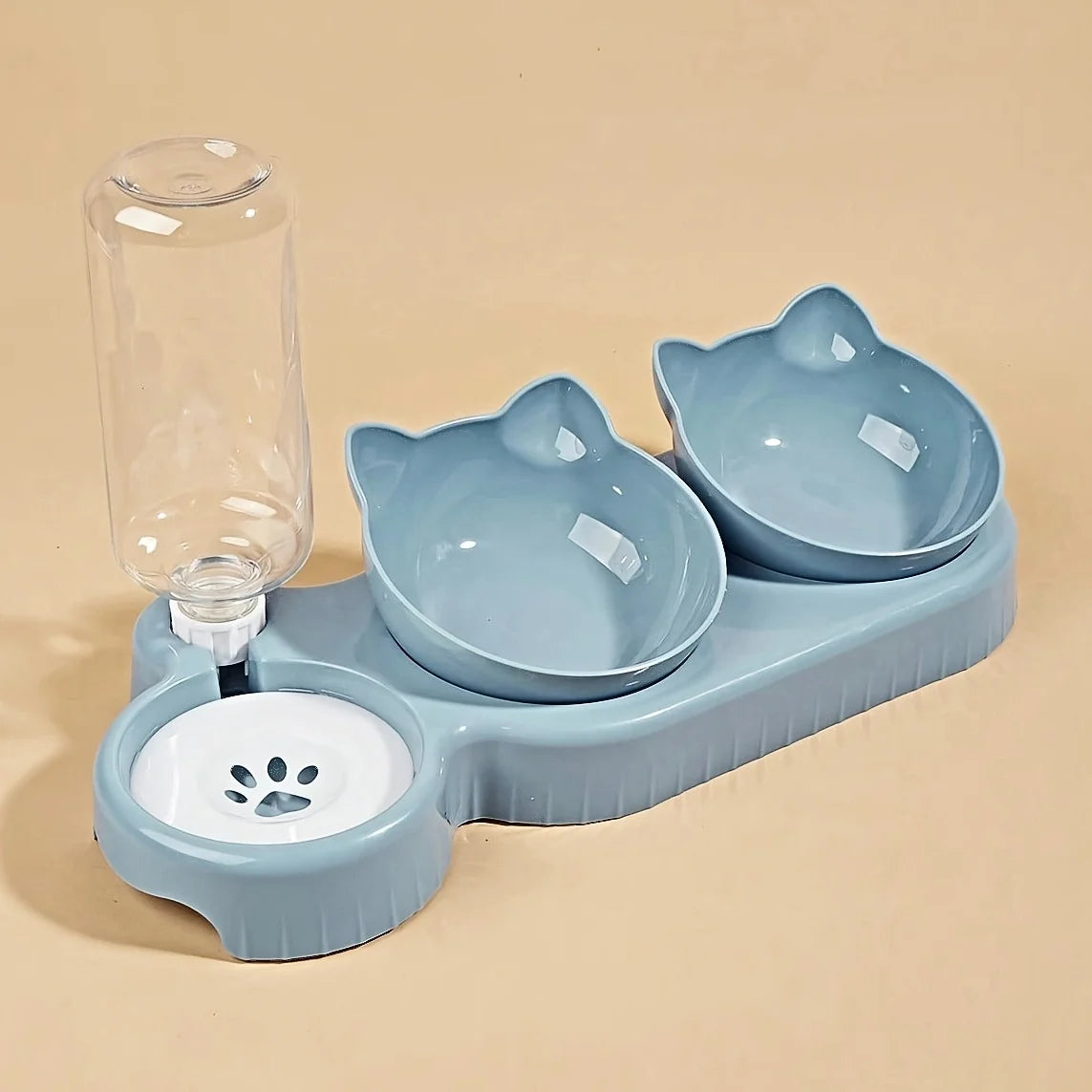Cuencos para mascotas con bebedero, juego 3 en 1 con diseño de orejas inclinadas para agua y comida para gatos, con botella de agua de gravedad para proteger el cuello.